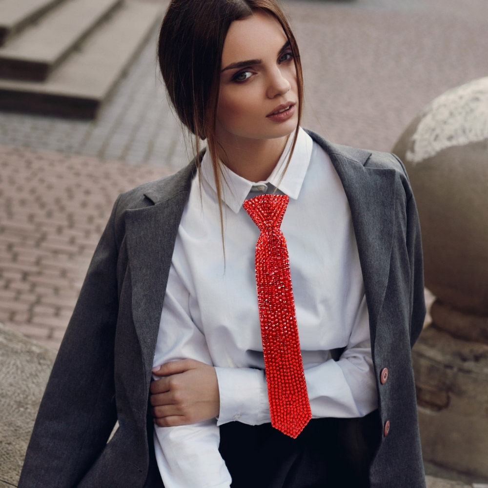 Red Crystal Necktie Bling Rhinestones Tie Necklace Chain Statement Jewelry